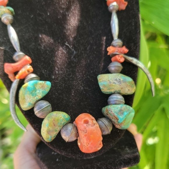 WOW Native American heavy 1940s sterling bench beads, turquoise, and coral - Picture 2 of 14